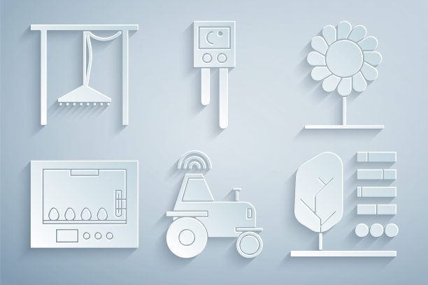 在智能农场上设置无线拖拉机，鲜花，鸡蛋孵化器，植物状态，温度和湿度传感器和自动灌溉喷水器图标。向量图片下载