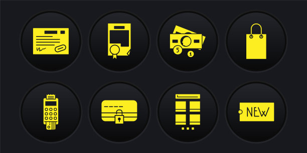 设置POS终端，带有信用卡，纸质购物袋，信用锁，手机在线，堆栈纸币现金，证书模板，价格标签文本新和保修证书图标。向量图片下载