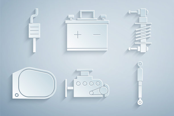 设置汽车发动机，减震器，后视镜，电池和消声器图标。向量图片下载