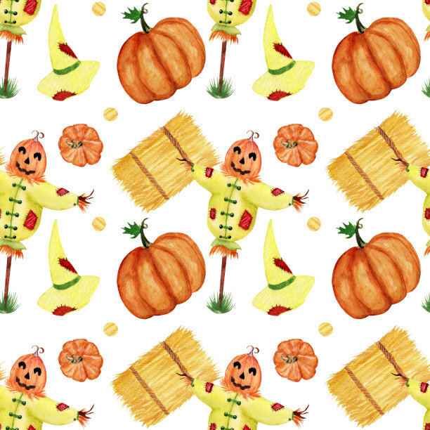 水彩图案，有趣的稻草人，南瓜，帽子，干草堆和点在白色的背景。图片下载