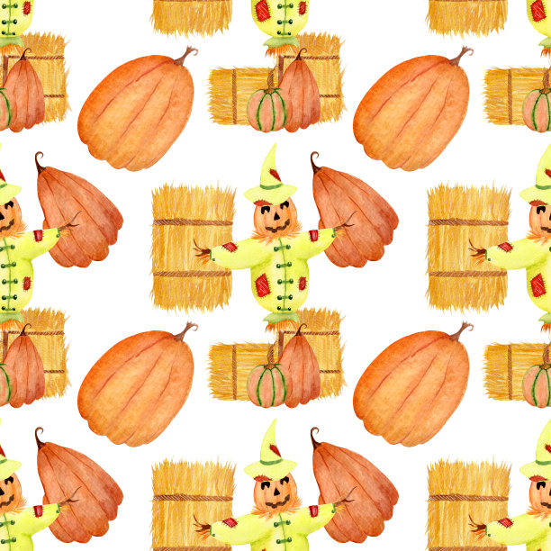 水彩图案，有趣的稻草人，南瓜和干草堆在白色的背景。图片下载