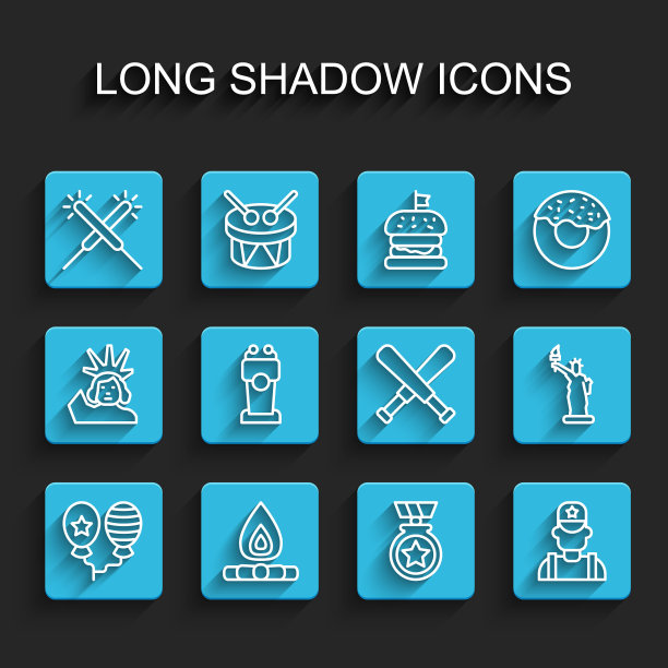 气球，篝火，烟花，星形奖章，牛仔警长，舞台看台，自由女神像和交叉棒球棒图标。向量图片下载