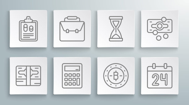 设置线堆栈纸币现金，公文包，计算器，比特币，日历，旧沙漏，和企业财务报告图标。向量图片下载