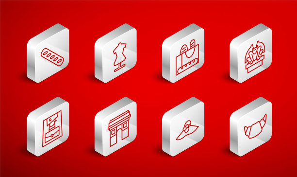 设定线羊角包，人体模型，法国法棍面包，石像鬼在基座上，优雅的妇女帽子，凯旋门和手袋图标。向量图片下载