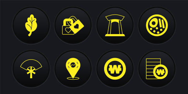 集传统风扇，拉面，地点韩国，韩元硬币，大门，锁与心脏，和泡菜图标。向量图片下载