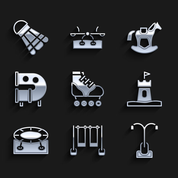 集轮滑、双人秋千、街灯、沙塔、跳跃蹦床、儿童游乐场滑管、马鞍和羽毛球icon。向量图片下载