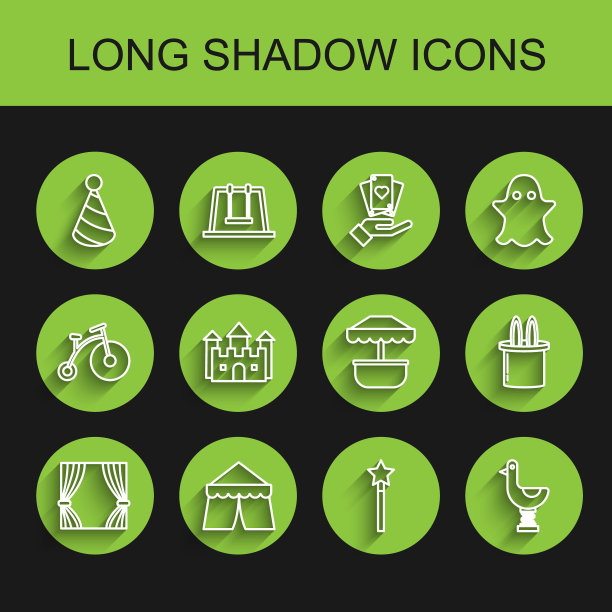 集线窗帘，马戏团帐篷，聚会帽，魔术棒，骑小孩鸭，城堡，魔术师兔子耳朵和吸引力旋转木马图标。向量图片下载