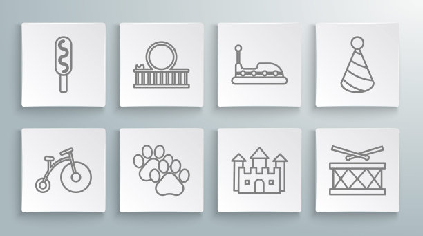 集线复古自行车与一个大轮子和一个小，过山车，爪印，城堡，鼓鼓棒，碰碰车，派对帽和玉米狗图标。向量图片下载