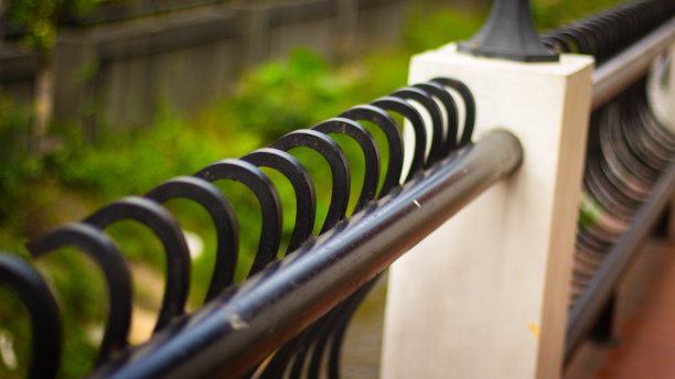 在宁静的花园里，一道醒目的黑色铁栅栏优雅地矗立着，为宁静的景观增添了一丝精致图片下载