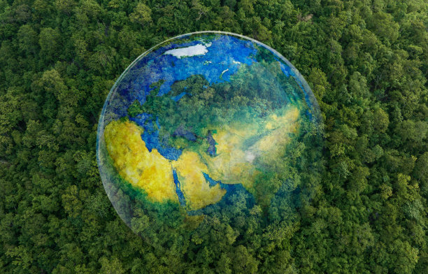 鸟瞰图，绿色的森林映衬着大地。展示了保护生态系统和自然、空气污染和拯救地球的概念。图片下载