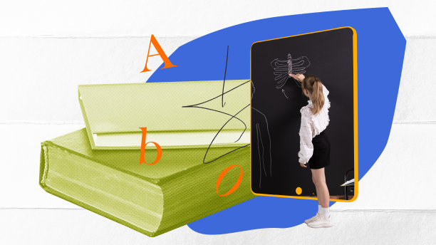 当代艺术拼贴。女学生，孩子站在黑板前画画。在线课程图片下载