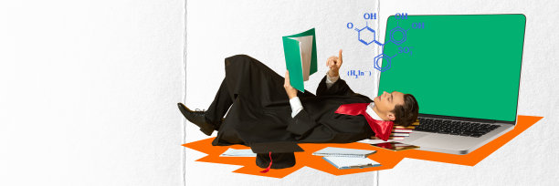 当代艺术拼贴。积极的学生准备毕业，学习化学通过在线考试图片下载