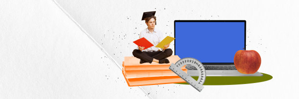 当代艺术拼贴。年轻人，坐在书本上准备通过大学考试的学生。远程学习图片下载