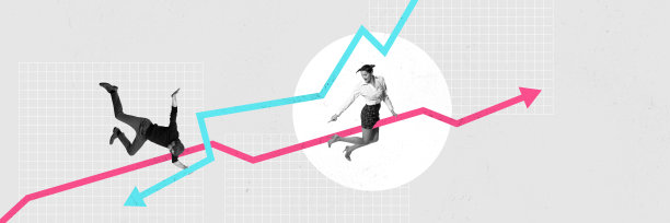 跌宕起伏，员工之间的专业竞争。女人升职，男人失败。当代艺术拼贴。图片下载