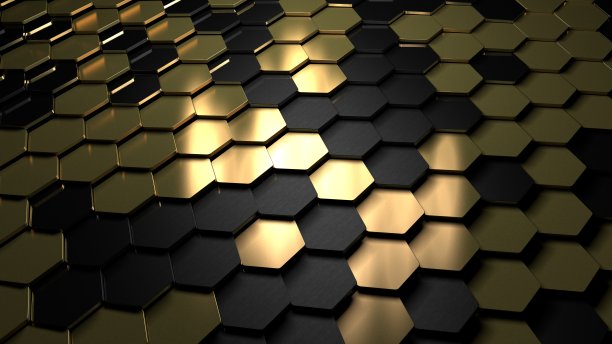 金色六边形单元格平铺，豪华金属图案，3d渲染插图图片下载