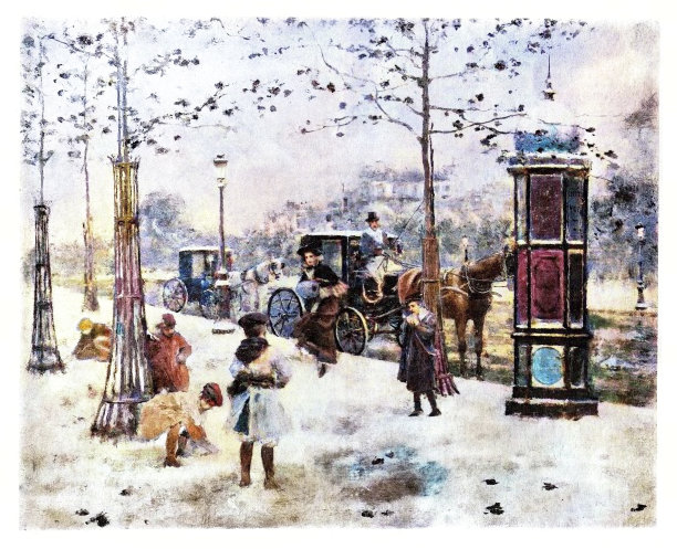 1899年，在法国巴黎玩雪的孩子们图片下载