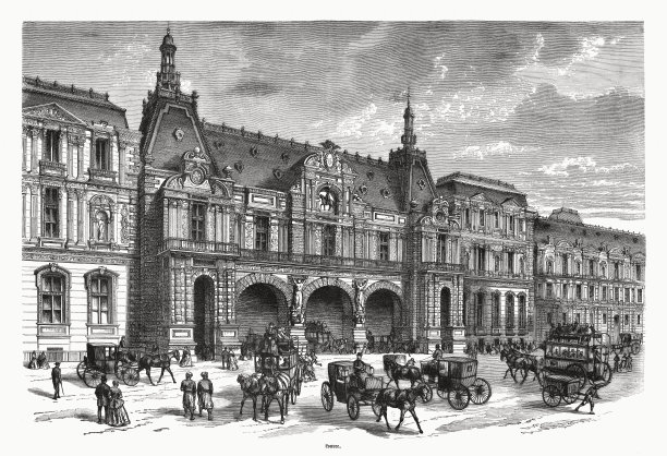 法国巴黎塞纳河河畔的卢浮宫，木刻，1870年出版图片下载