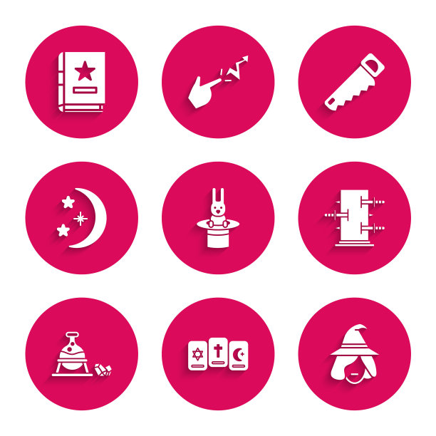 集魔术师帽子和兔子，三塔罗牌，女巫，树干魔术把戏，坩埚石，月亮星星，手锯和古书图标。向量图片下载