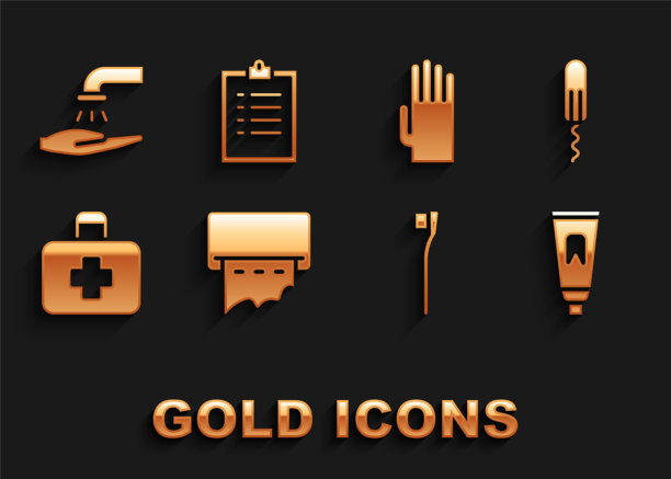 在墙上放置纸巾盒，卫生棉条，牙膏管，牙刷，急救箱，橡胶手套，用肥皂洗手和剪贴板清单图标。向量图片下载