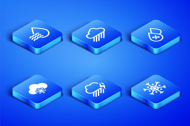 设置雪花，水滴百分比，云与雨和闪电，雪，和图标。向量图片下载