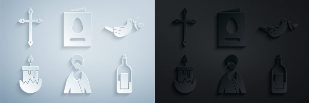 设置耶稣基督，和平鸽与橄榄枝，燃烧的蜡烛，酒瓶，贺卡复活节快乐和基督教十字架图标。向量图片下载