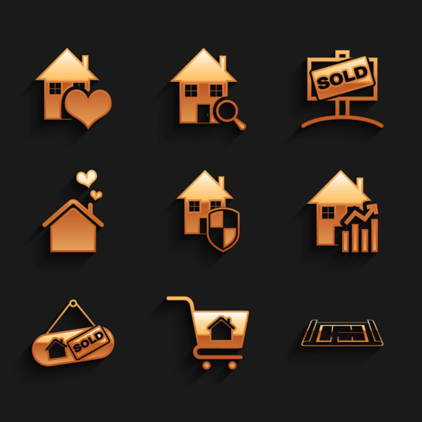 集房子在保护之下，购物车的房子，计划，房价上涨，挂标志出售，心形，图标。向量图片下载