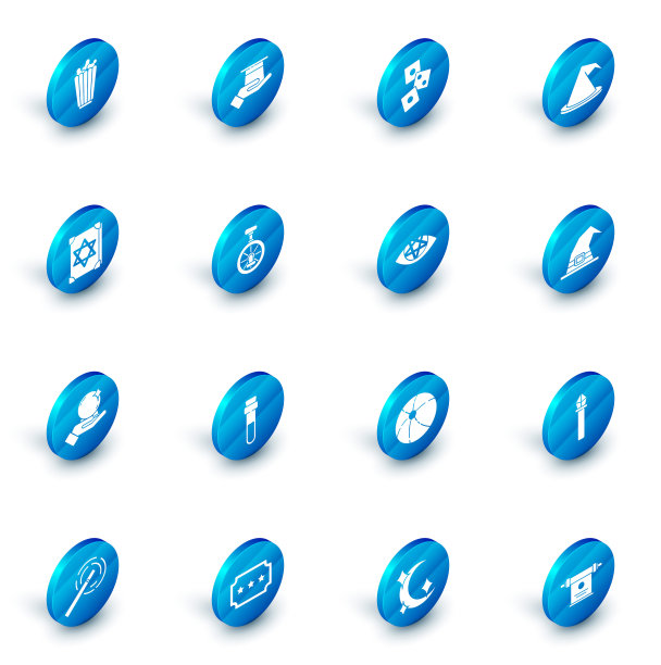 集魔术师帽子在手，游戏骰子，女巫，古老的魔法书，球上，独轮车或一个轮子的自行车，和五角星图标。向量图片下载