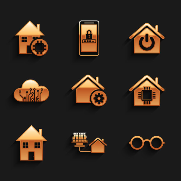 设置智能家居设置、带太阳能电池板的房子、眼镜、物联网和图标。向量图片下载