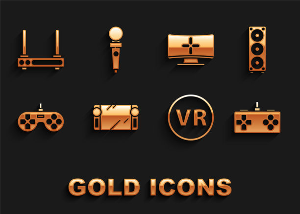 设置便携式视频游戏机，立体声扬声器，手柄，虚拟现实眼镜，电脑显示器，路由器和wi-fi信号和摇杆街机图标。向量图片下载