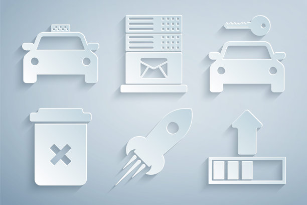 设置火箭船与火，汽车租赁，垃圾桶，装载，邮件服务器和出租车的图标。向量图片下载
