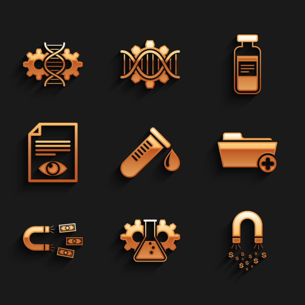 设置试管与滴血，生物工程，磁铁钱，健康记录文件夹，和纸页眼睛图标。向量图片下载
