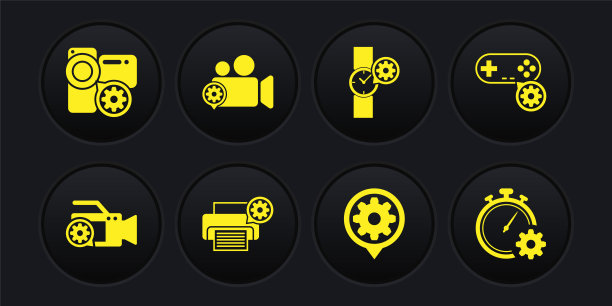 设置摄像机设置，手柄，打印机，设置，手表和图标。向量图片下载