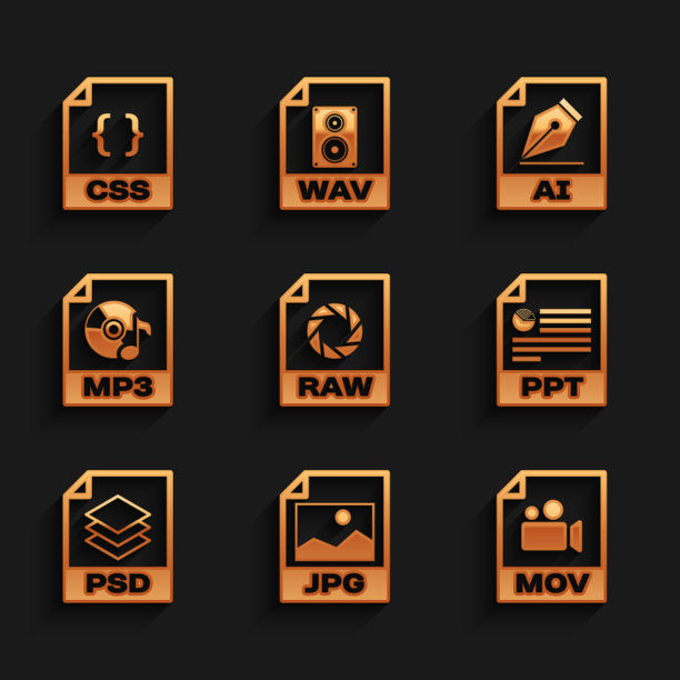 设置RAW文件文档，JPG, MOV, PPT, PSD和MP3图标。向量图片下载