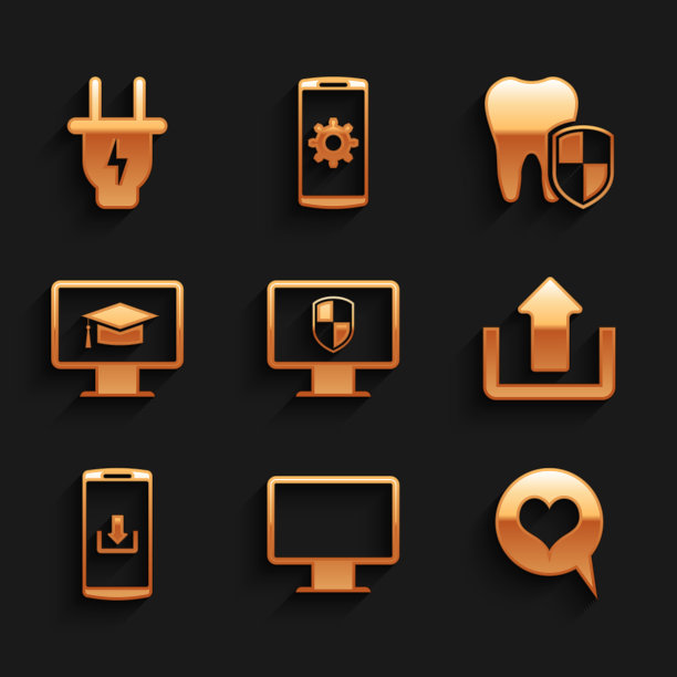 设置监视器和屏蔽，计算机监视器屏幕，心脏在语音气泡，上传，智能手机下载和毕业帽图标。向量图片下载