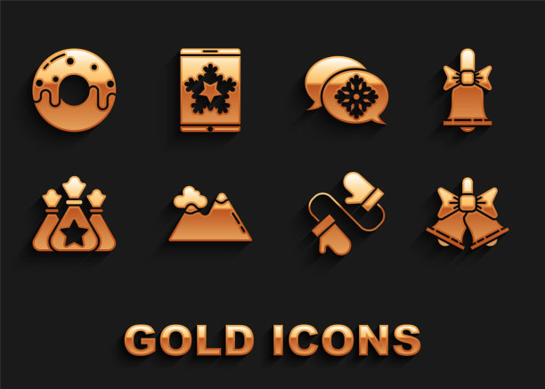 圣诞铃铛、圣诞手套、圣诞礼物袋、雪花气泡、甜甜圈和雪花手机矢量图标图片下载