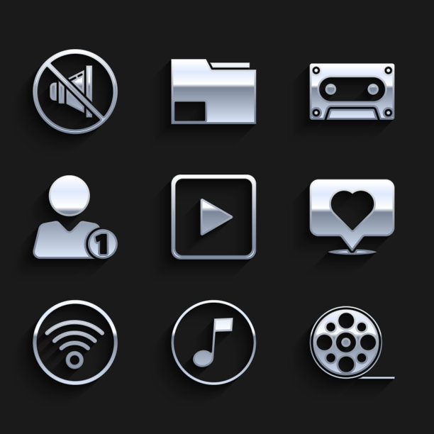 设置播放广场，音符，音调，电影卷轴，喜欢和心脏，Wi-Fi无线互联网网络，添加朋友，复古录音带和扬声器静音图标。向量图片下载