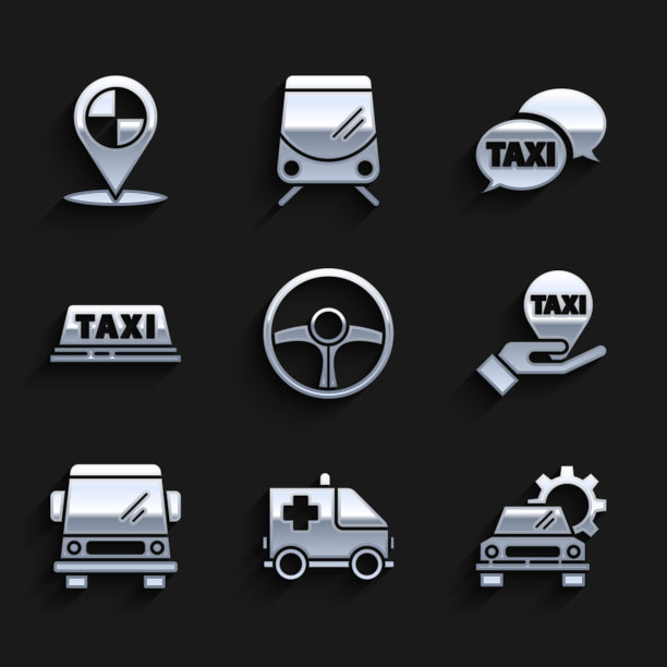 设置方向盘，救护车和急救车，汽车服务，手在地图指针与出租车，出租车车顶，电话和地图图标。向量图片下载
