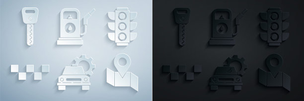 集汽车服务，交通灯，出租车车顶，折叠地图与位置标记，汽油或加油站和关键图标。向量图片下载