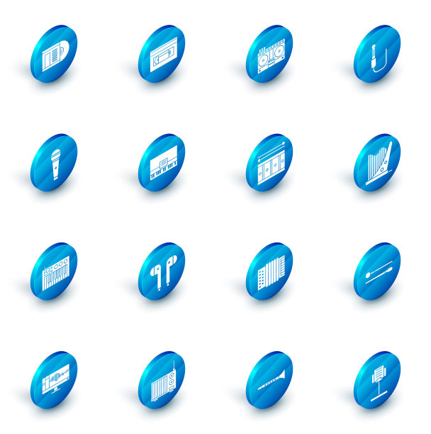 设置VHS录像带磁带，DJ遥控器播放和混合音乐，音频插孔，麦克风，音乐合成器，钢琴，竖琴和鼓棍棒图标鼓。向量图片下载