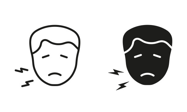 男性牙痛，牙痛黑色象形图收藏。男人与牙痛轮廓和线条图标集。人类口腔疾病，牙医医疗标志。孤立矢量图图片下载