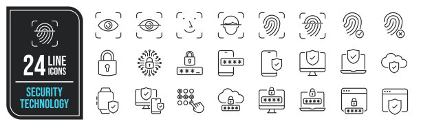 安全技术最小细线图标。相关指纹，眼安全，人脸检测，密码。可编辑的中风。矢量插图。图片下载