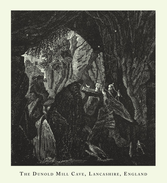 雕刻古董，Dunald Mill洞穴，兰开夏，英国，洞穴和岩层雕刻古董插图，1851年出版图片下载