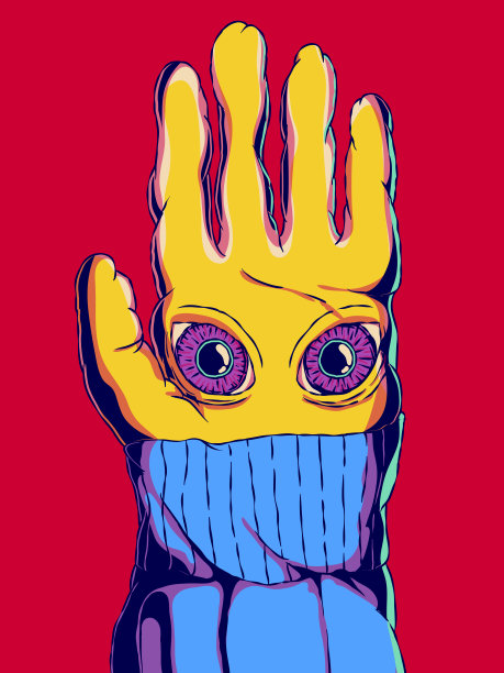 有趣的卡通插图-手套与眼睛上的手。图片下载