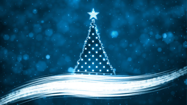 水平插画的创意深海军蓝颜色的背景与一个创意银白色的圣诞树与明亮的闪亮的星星在顶部，波浪图案或神奇的闪闪发光的swoosh在底部图片下载