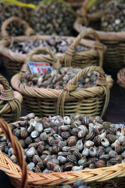 在不同篮子里出售的蜗牛特写图片下载