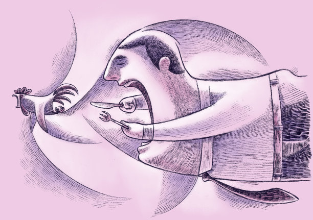 男人拿着刀叉追着公鸡图片下载