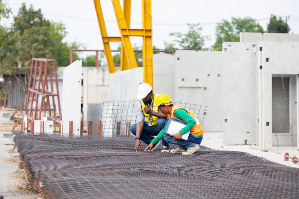 工程师检查混凝土板加固用钢丝网。专业的工程师团队工作。非裔美国人手持对讲机与预制工厂的工人图片下载