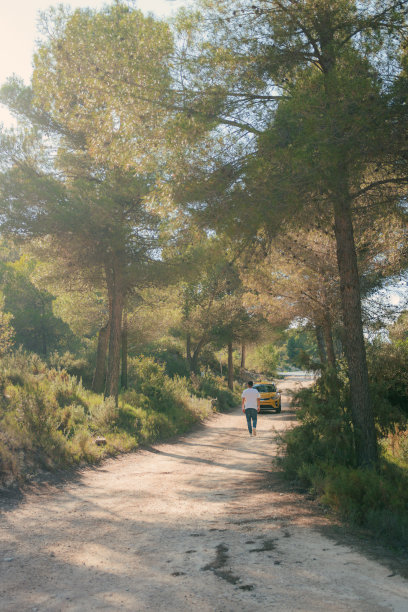 一个拉丁人走在林间小路上，背景是一辆黄色的汽车图片下载