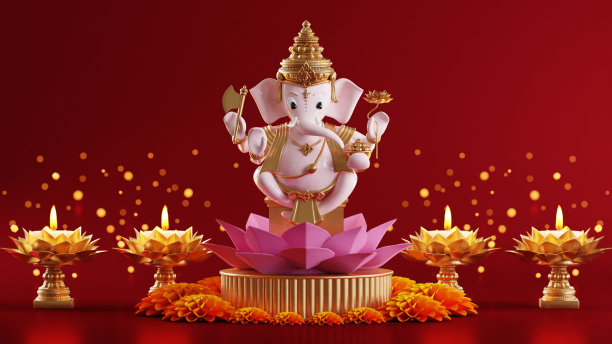 排灯节3D渲染，排灯节，排灯节或排灯节印度与金迪亚在讲台上，图案和彩色背景上的晶体。图片下载