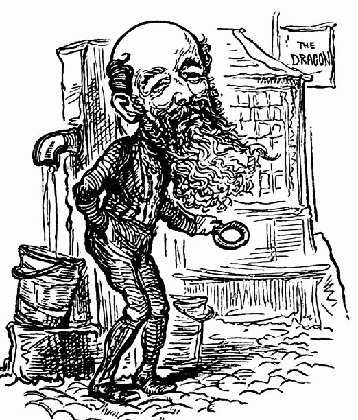 一个市场小摊上留着蓬乱长胡子的秃头男人图片下载